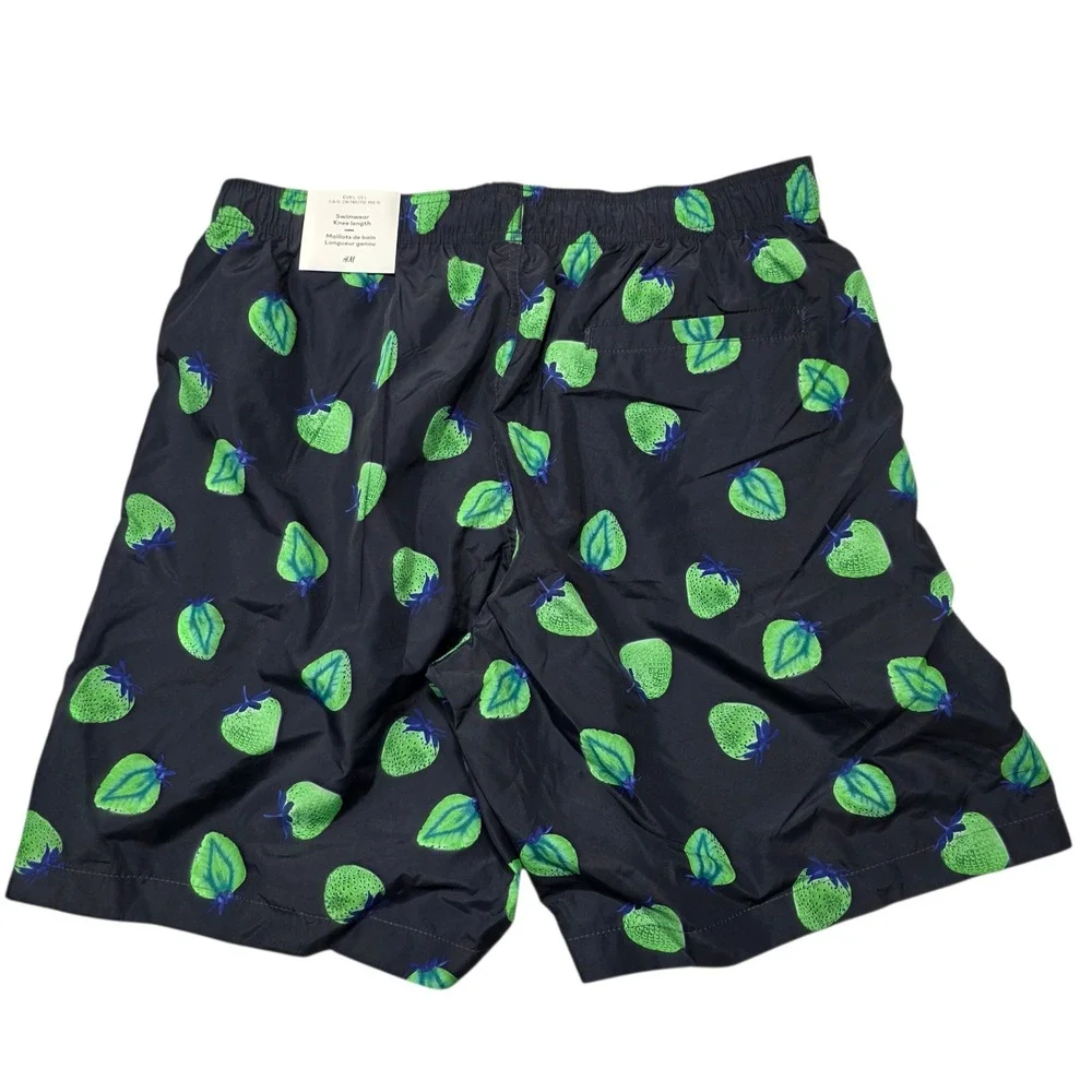H&M Swim Shorts Mens Large Black Green Strawberry Print Knee‎ Length Trunks NEW